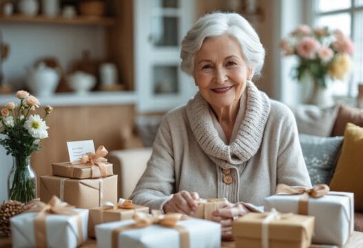 Et billede af gaver til bedstemor med forskellige gaveidéer og en hyggelig atmosfære.